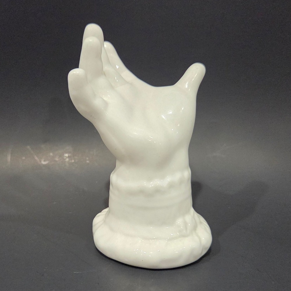 Vintage White Ceramic Hand Figurine Jewelry Ring Holder Ruffled Cuff 3.5 Inch